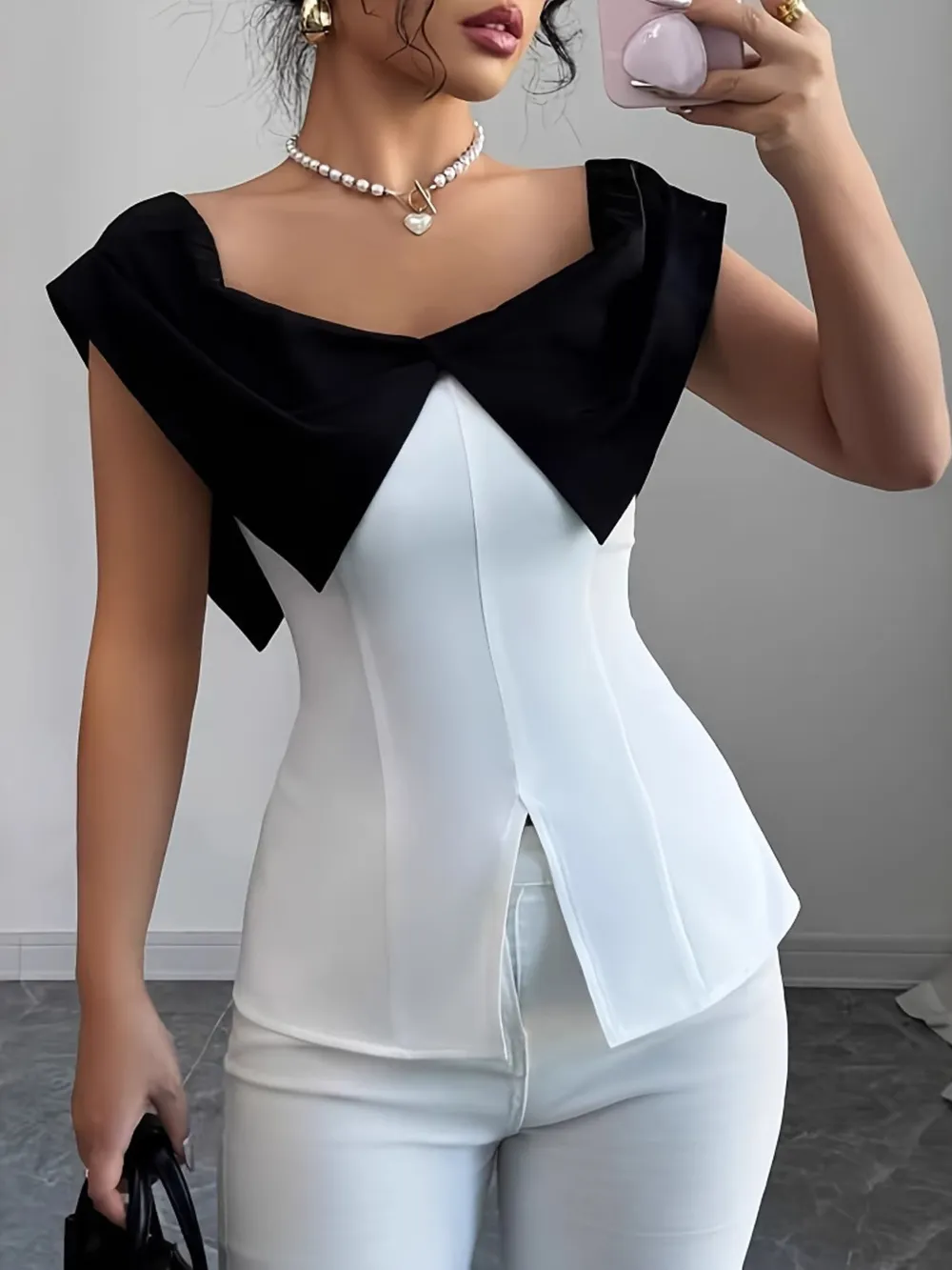 Slit Contrast Cap Sleeve Blouse, image 2