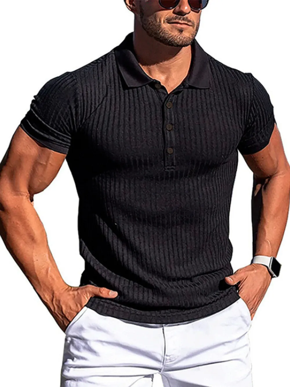 Men's Full Size Ribbed Button Detail Short Sleeve Polo Plus Size