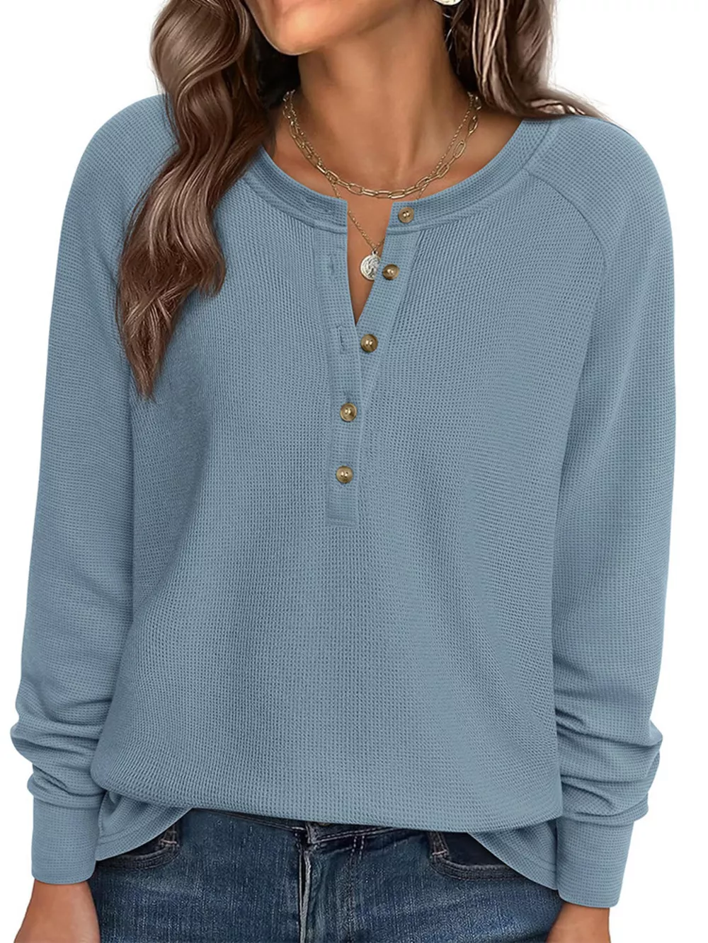 Waffle Knit Henley Long Sleeve T-Shirt, image 14