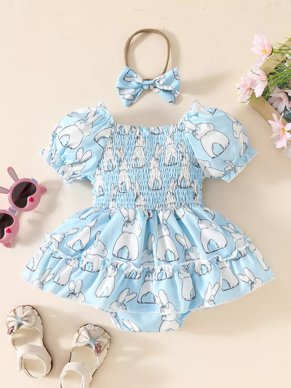 Children's Bunny Print Smocked Dress & Headband Set, image 10