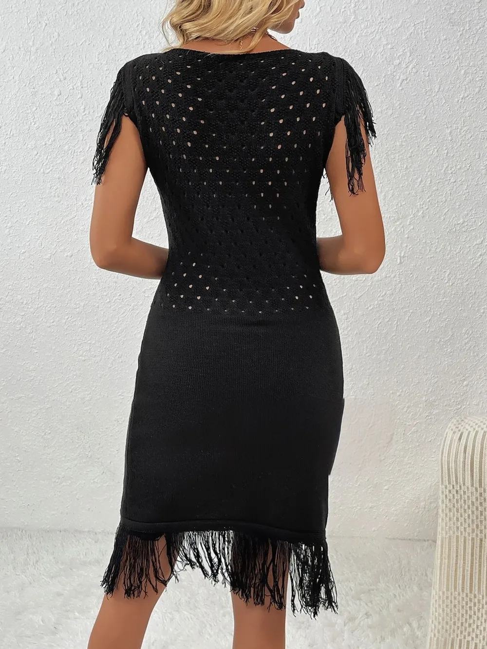 Fringe Crochet Boat Neck Sweater Dress, image 6