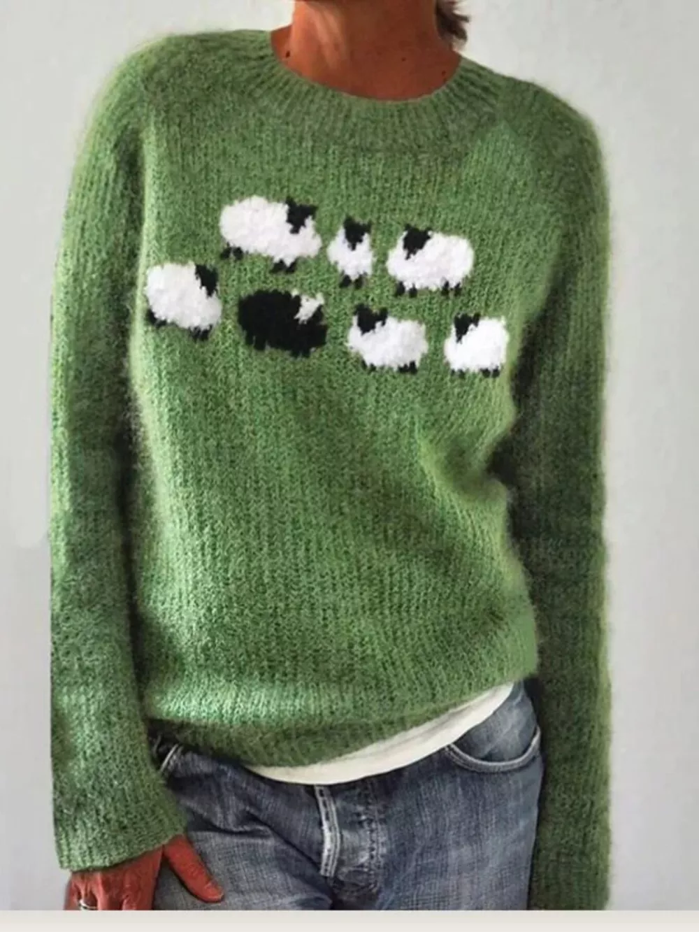 Full Size Vintage Patterned Round Neck Sweater Plus Size, image 7
