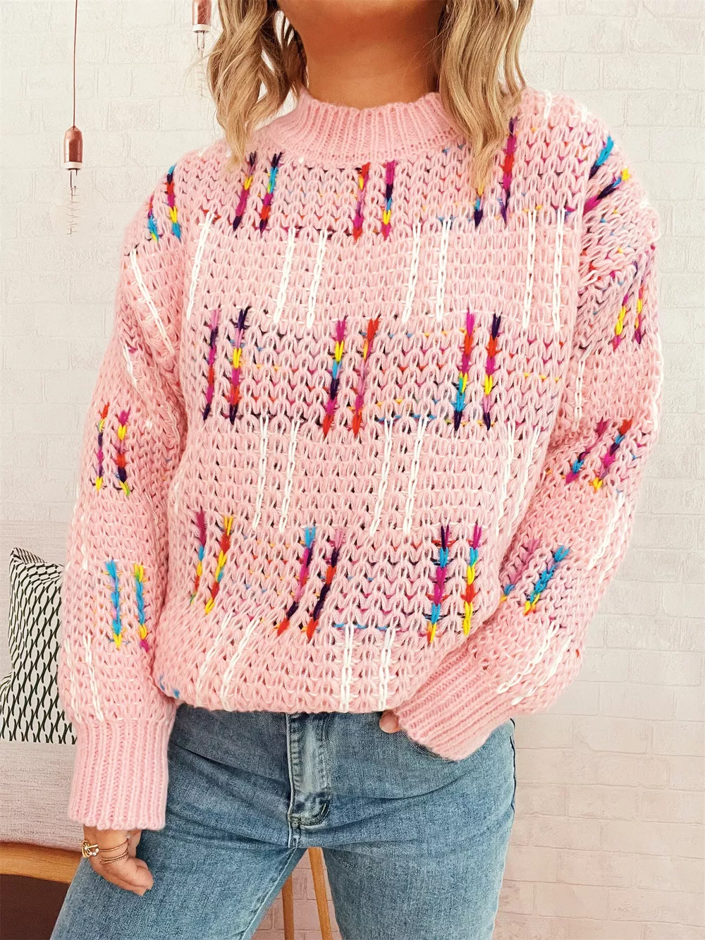 Colorful Round Neck Long Sleeve Sweater, image 23