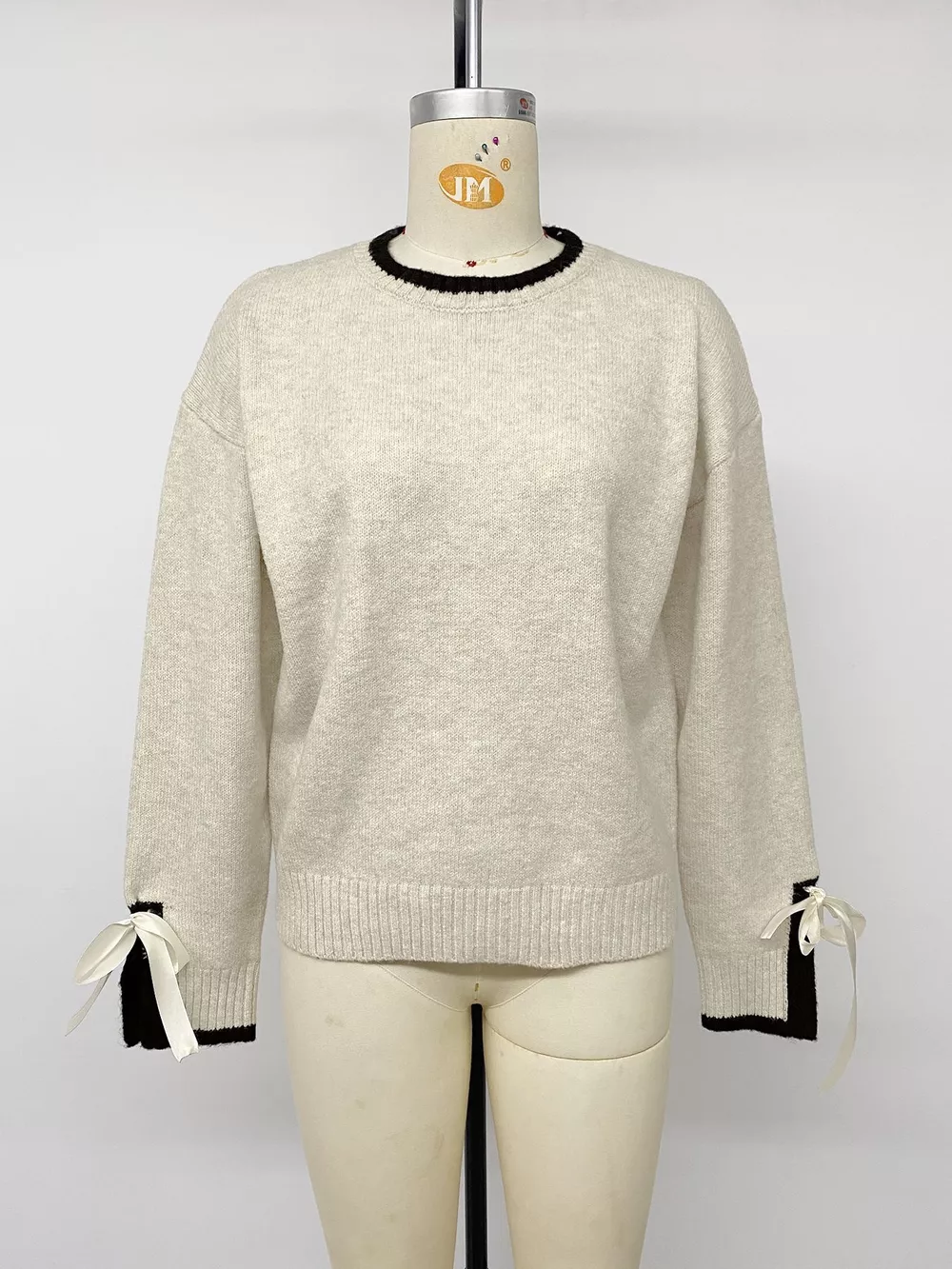 Contrast Trim Ribbed Cuff Tie-Sleeve Sweater, image 8