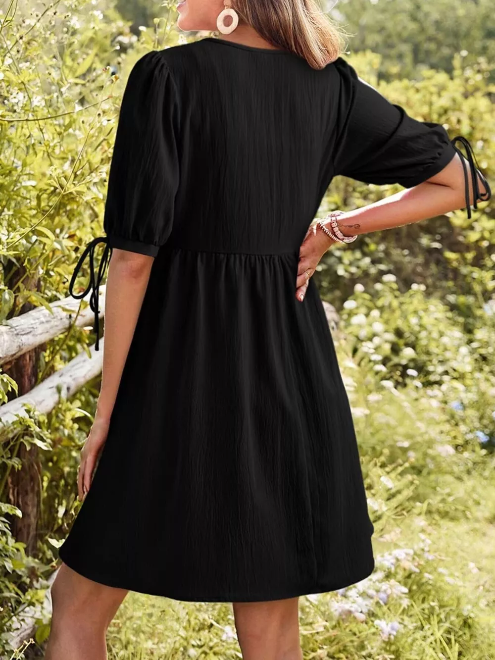Tie-Neck Puff Sleeve A-Line Mini Dress, image 8