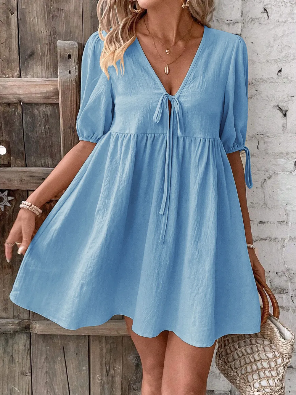 V-Neck Tie-Front Mini Dress with Puff Sleeves, image 10