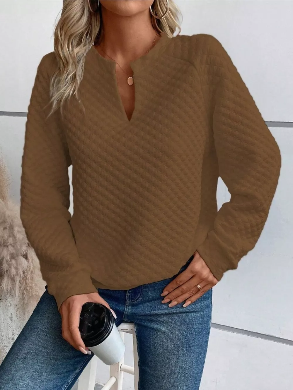 Textured Notched Raglan Sleeve Sweatshirt, image 8