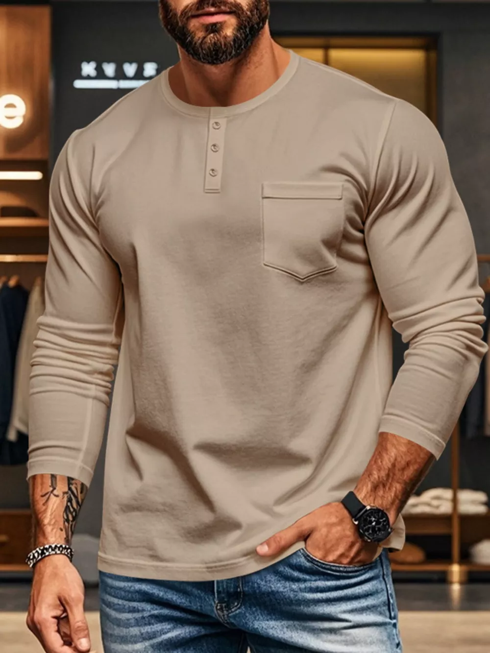 Men's Plus Size Casual Long Sleeve Henley T-Shirt with Pocket, image 5