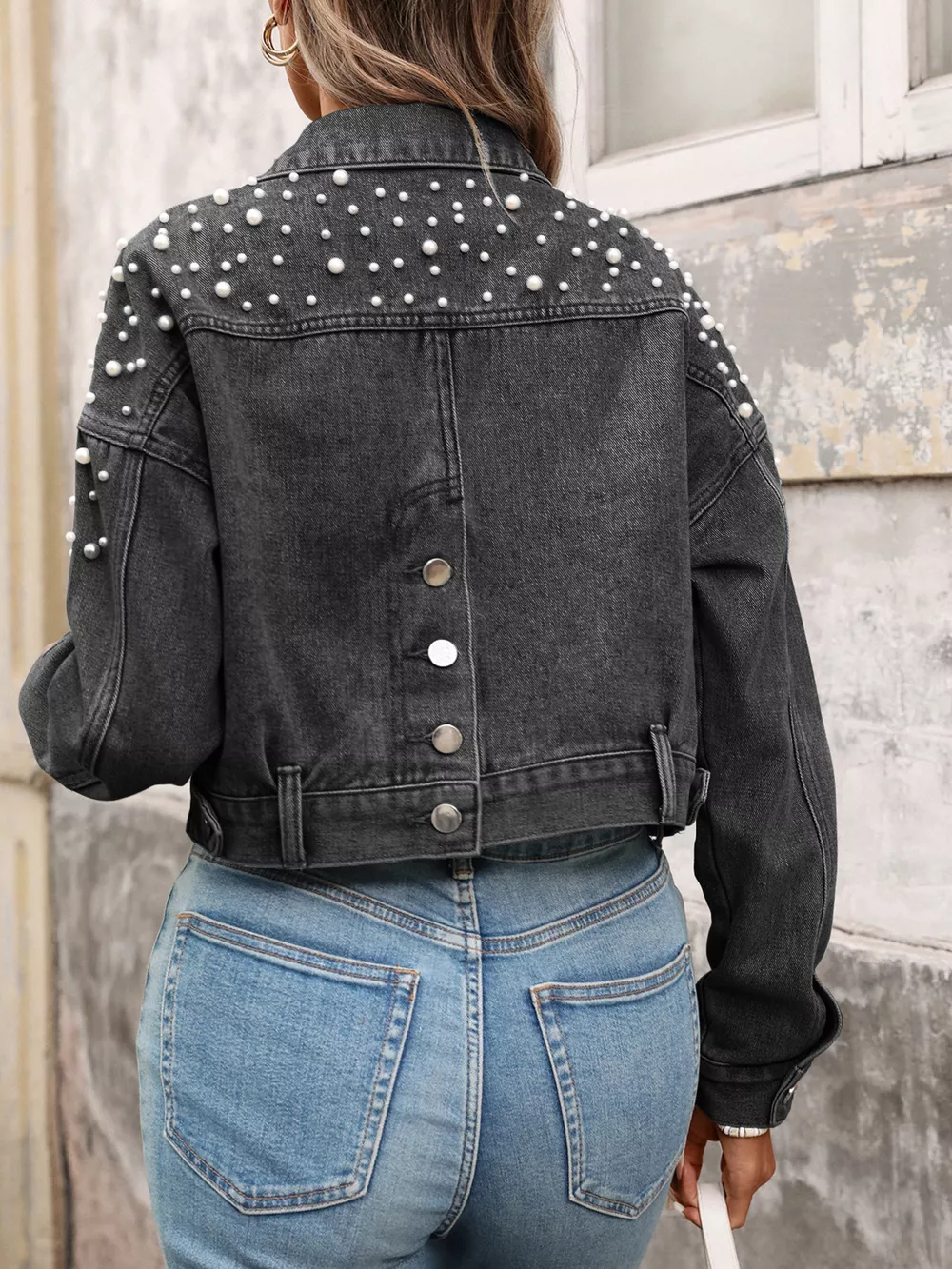 Pearl Embellished Cropped Denim Jacket, image 9