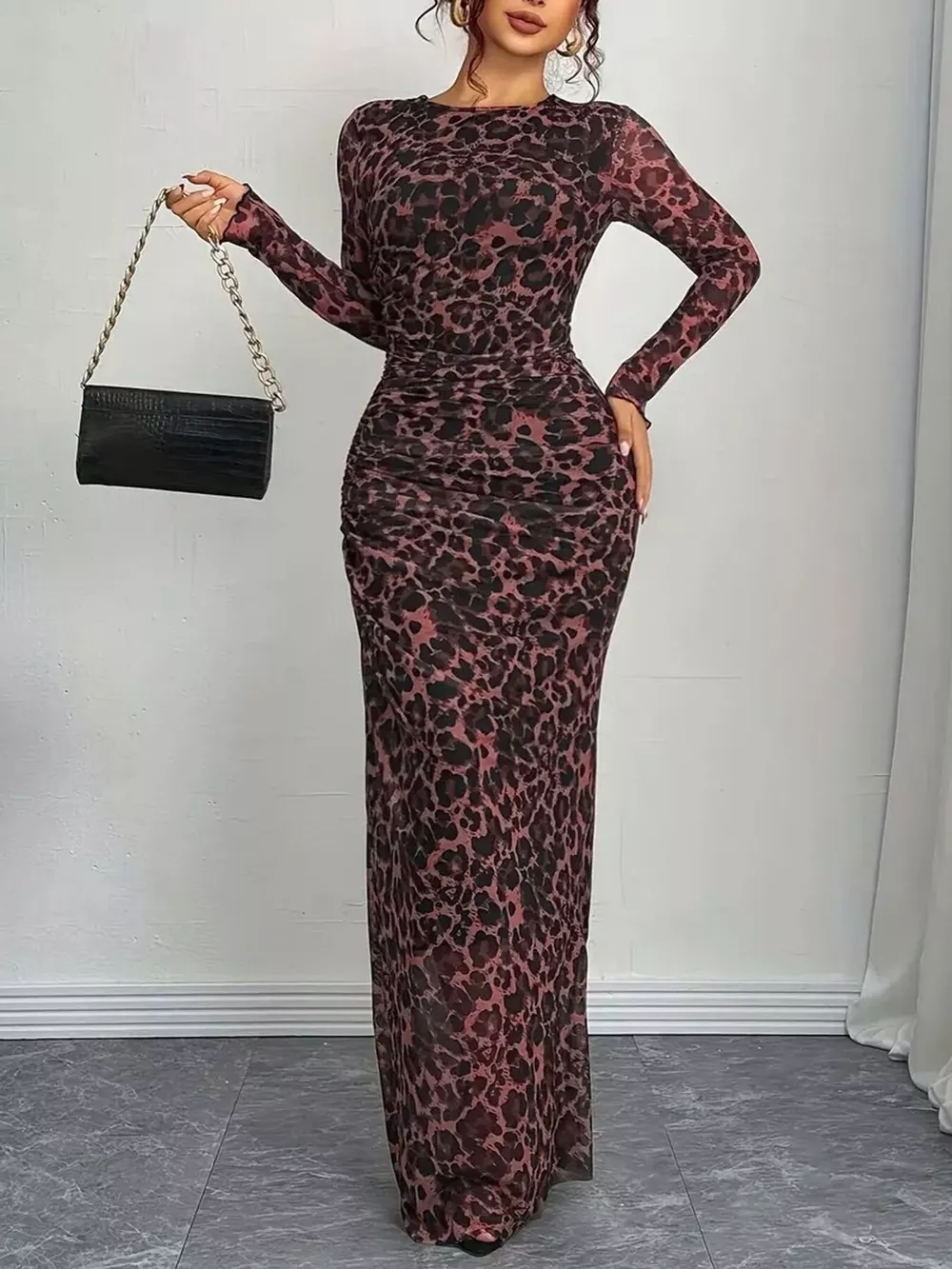 Leopard Ruched Bodycon Maxi Dress