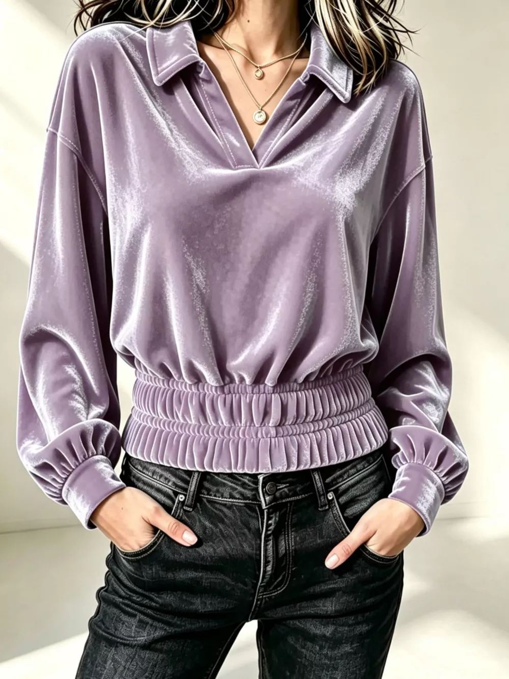 Velvet Johnny Collar Long Sleeve Blouse, image 7