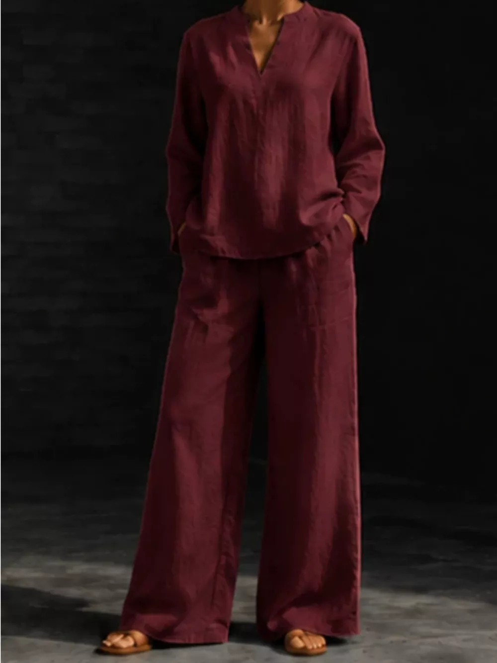 Notched Long Sleeve Top and Pants Set, image 18