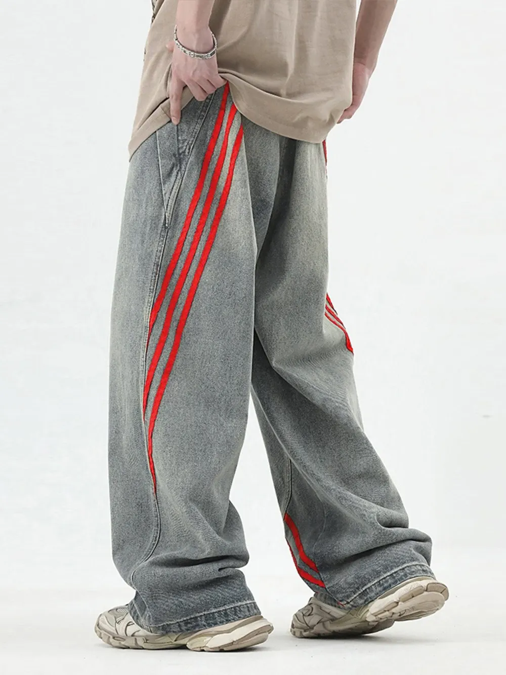 Men's Wide Leg Striped Denim Jeans, image 2