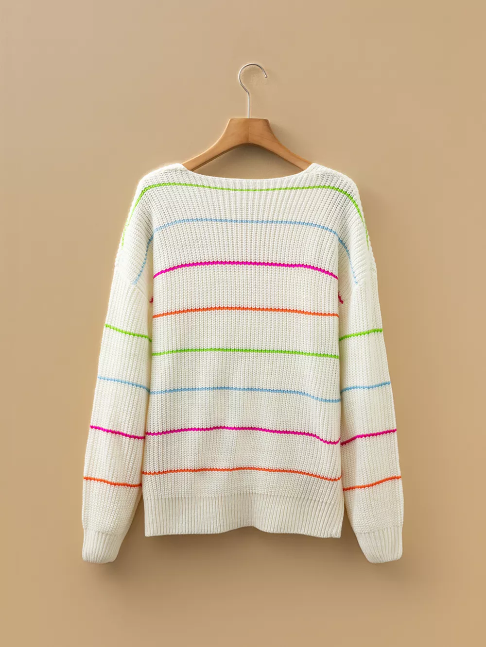 Colorful Striped Detail V Neck Drop Shoulder Baggy Sweater, image 4