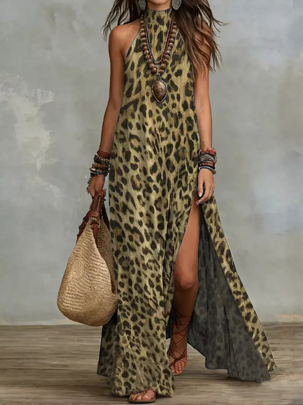 Leopard Print Sleeveless Maxi Dress with Side Slit, image 7