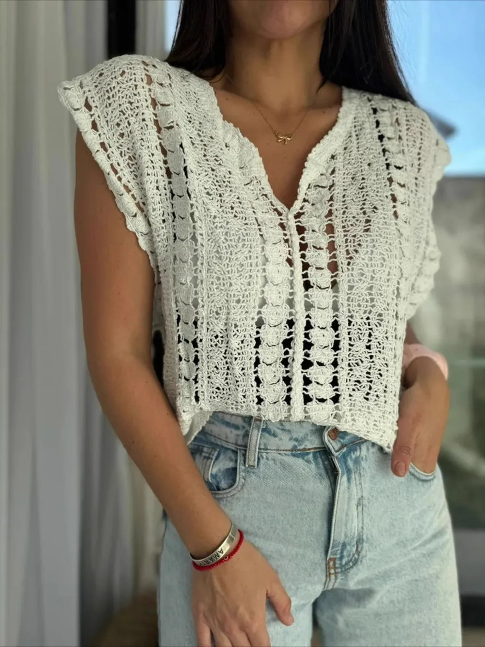Crochet Knit V-Neck Sweater Vest, image 2