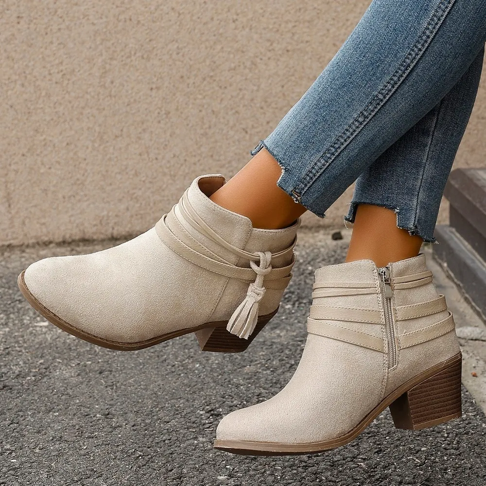 Tassel Point Toe Block Heels Boots