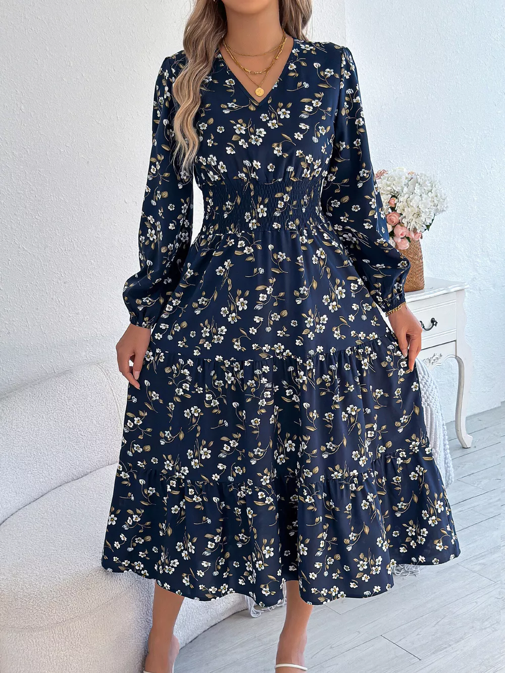 Floral Print Long Sleeve V-Neck Midi Dress, image 8