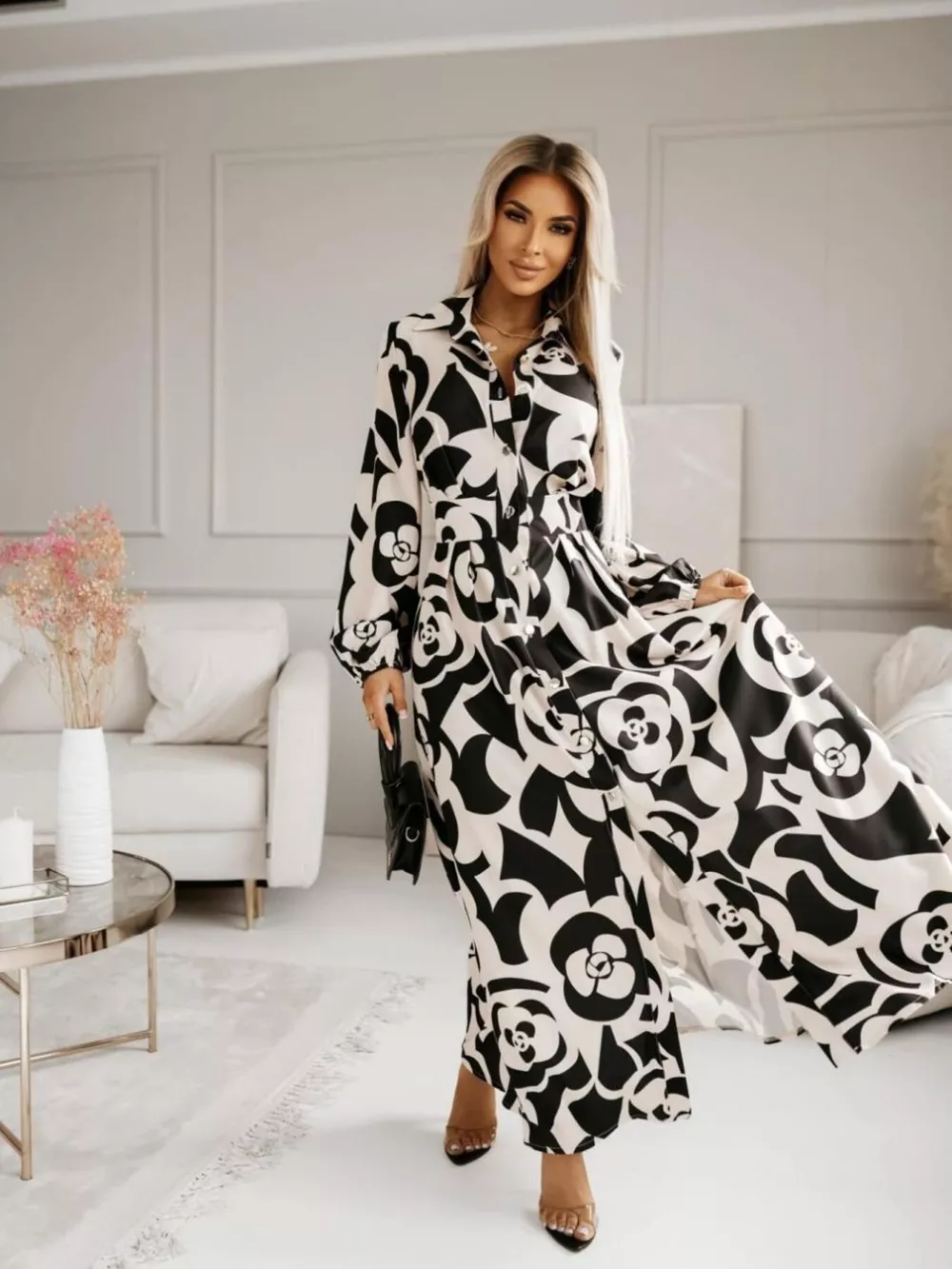 Printed Button Front Maxi Shirt Dress, image 15