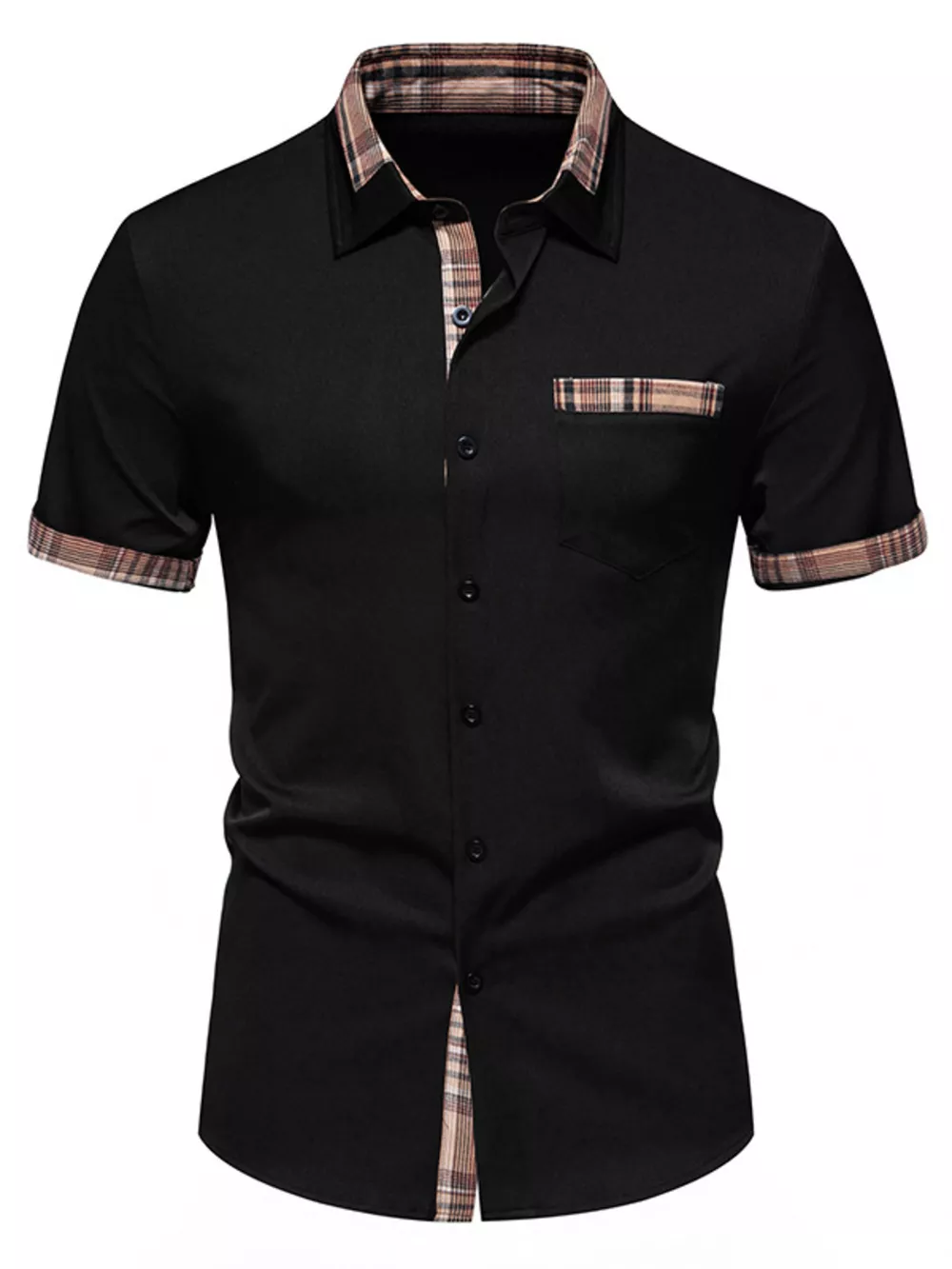 Men's Short Sleeve Plaid Trim Shirt