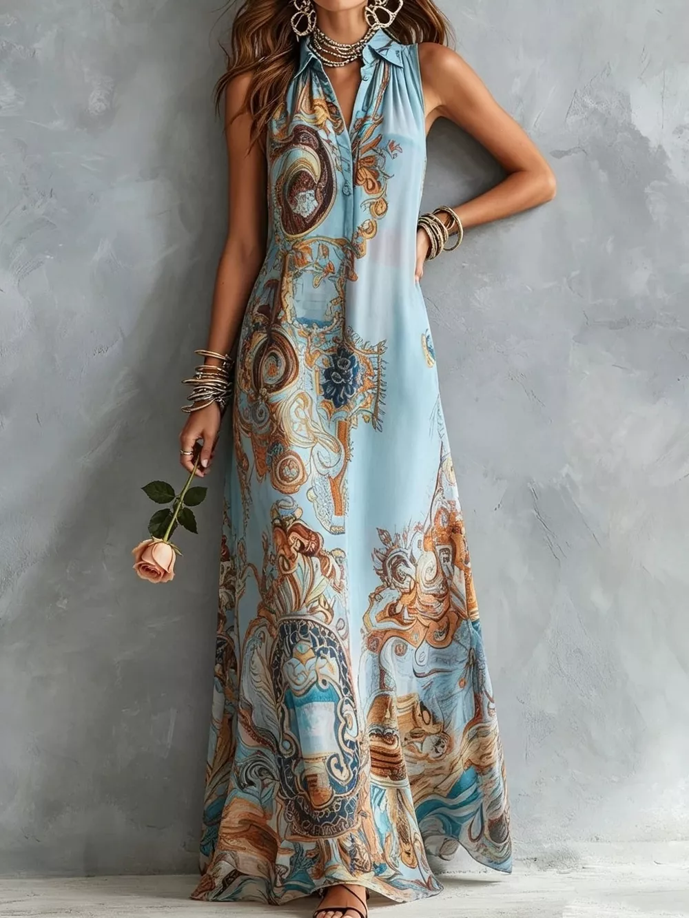 Full Size Bohemian Sleeveless Printed Maxi Shirt Dress Plus Size, image 4