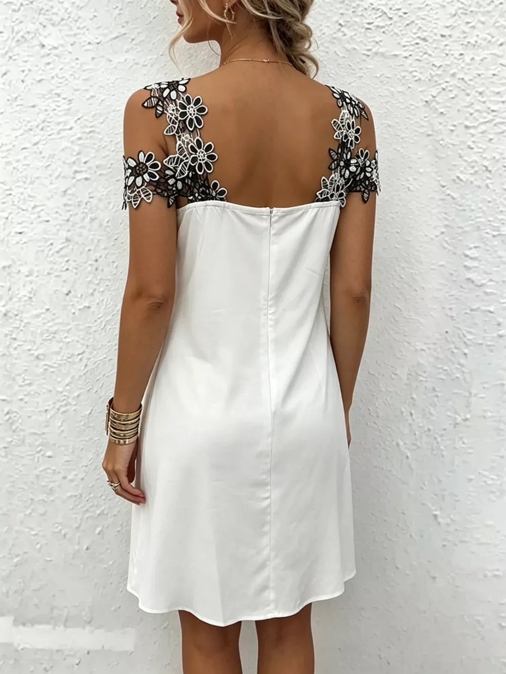 Lace Floral Trim Cold Shoulder Mini Dress, image 8