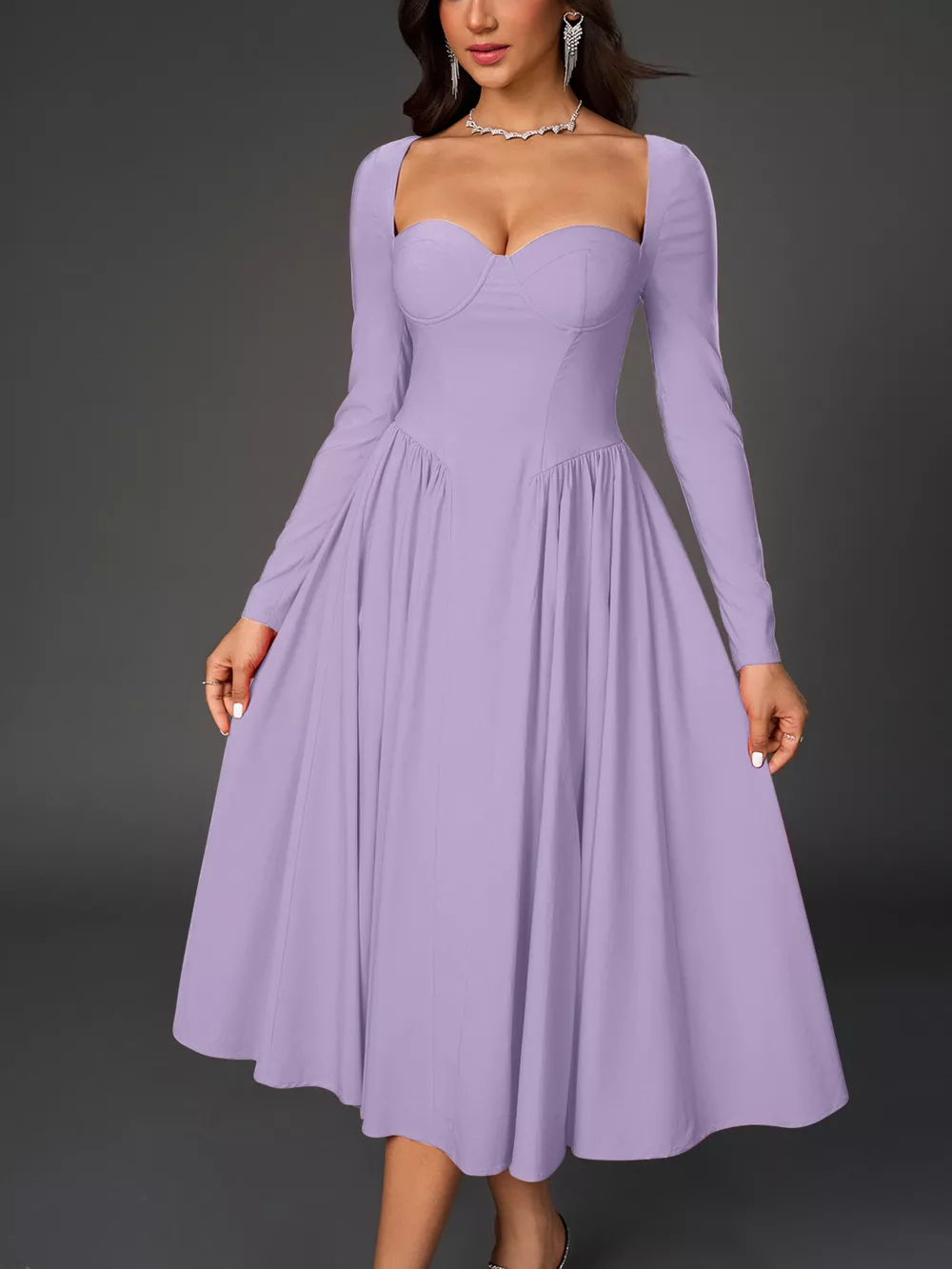 Sweetheart Neckline Long Sleeve A-Line Midi Dress, image 25