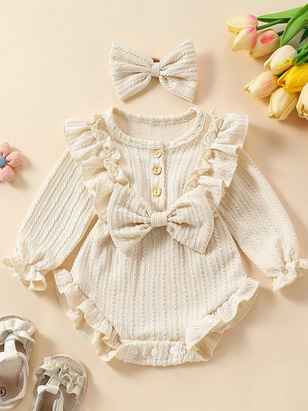 Children's Ruffled Long Sleeve One-Piece Bodysuit with Headband, image 9
