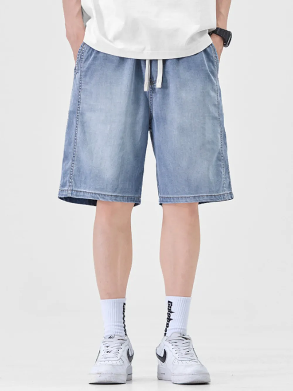 Men's Plus Size Casual Loose Fit Denim Shorts with Drawstring, image 6