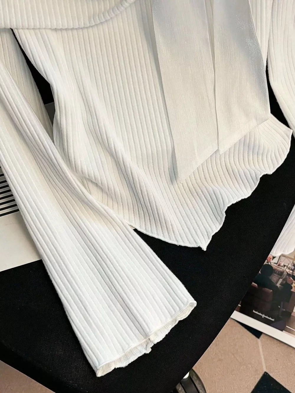 Off-Shoulder Bowknot Ribbed Knit T-Shirt, image 8