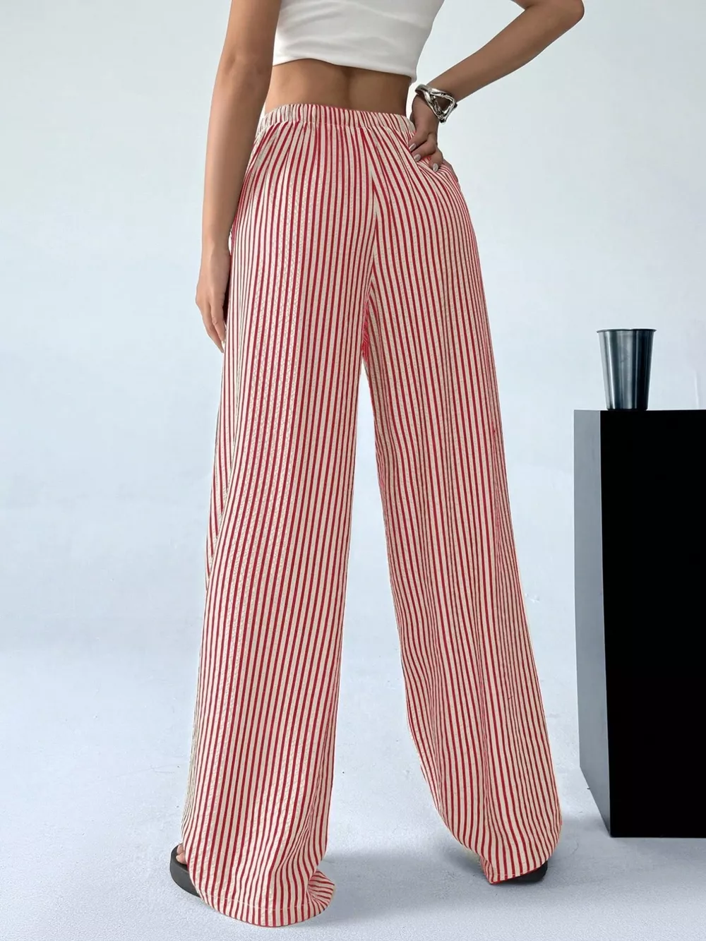 Full Size Striped Drawstring Waist Wide Leg Pants Plus Size, image 8