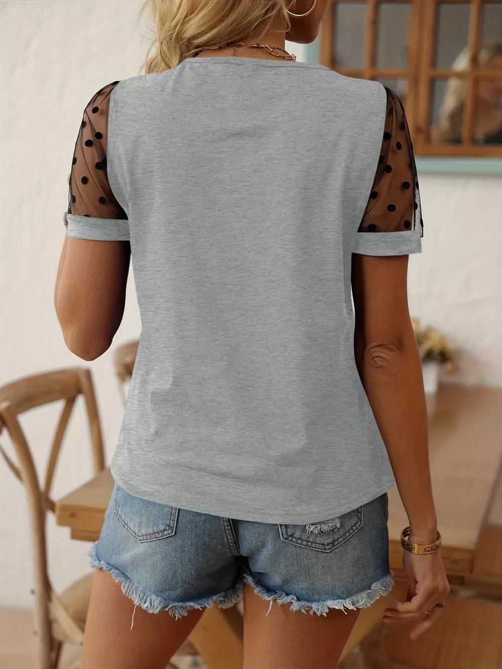 Polka Dot Mesh Sleeve T-Shirt, image 10