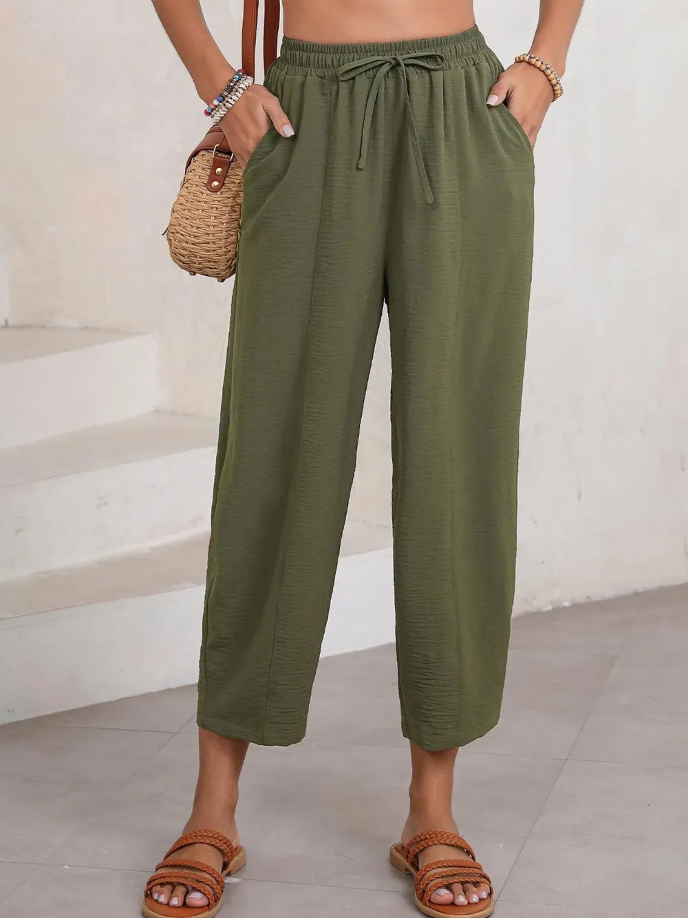 Full Size Drawstring Wide Leg Cropped Pants Plus Size, image 2