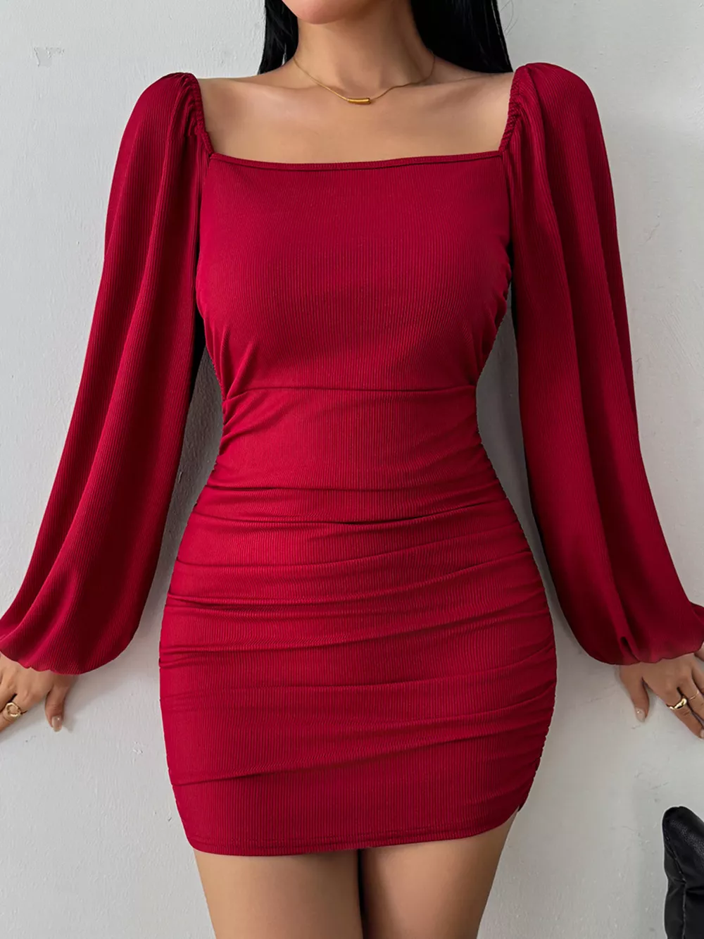 Backless Square Neck Long Sleeve Dress, image 3