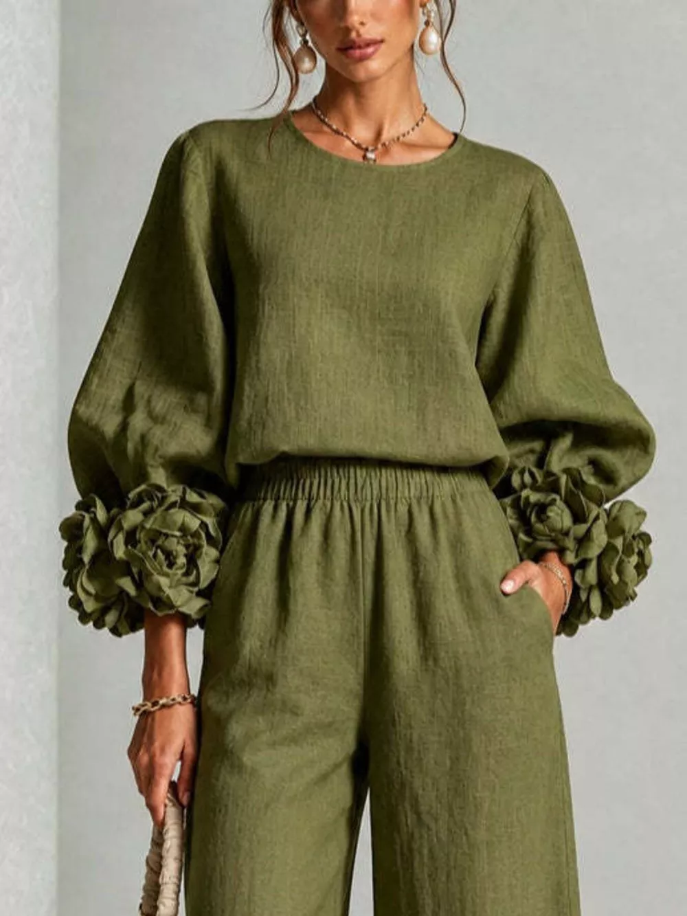 Full Size Floral Cuffs Top and Wide Leg Pants Set Plus Size, image 16