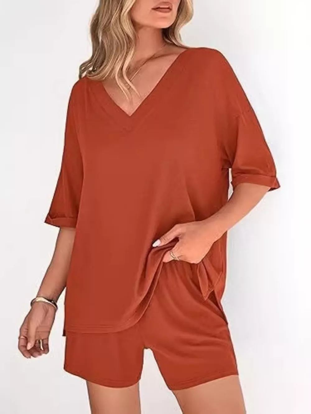 Solid Color V-Neck and Shorts Set, image 11