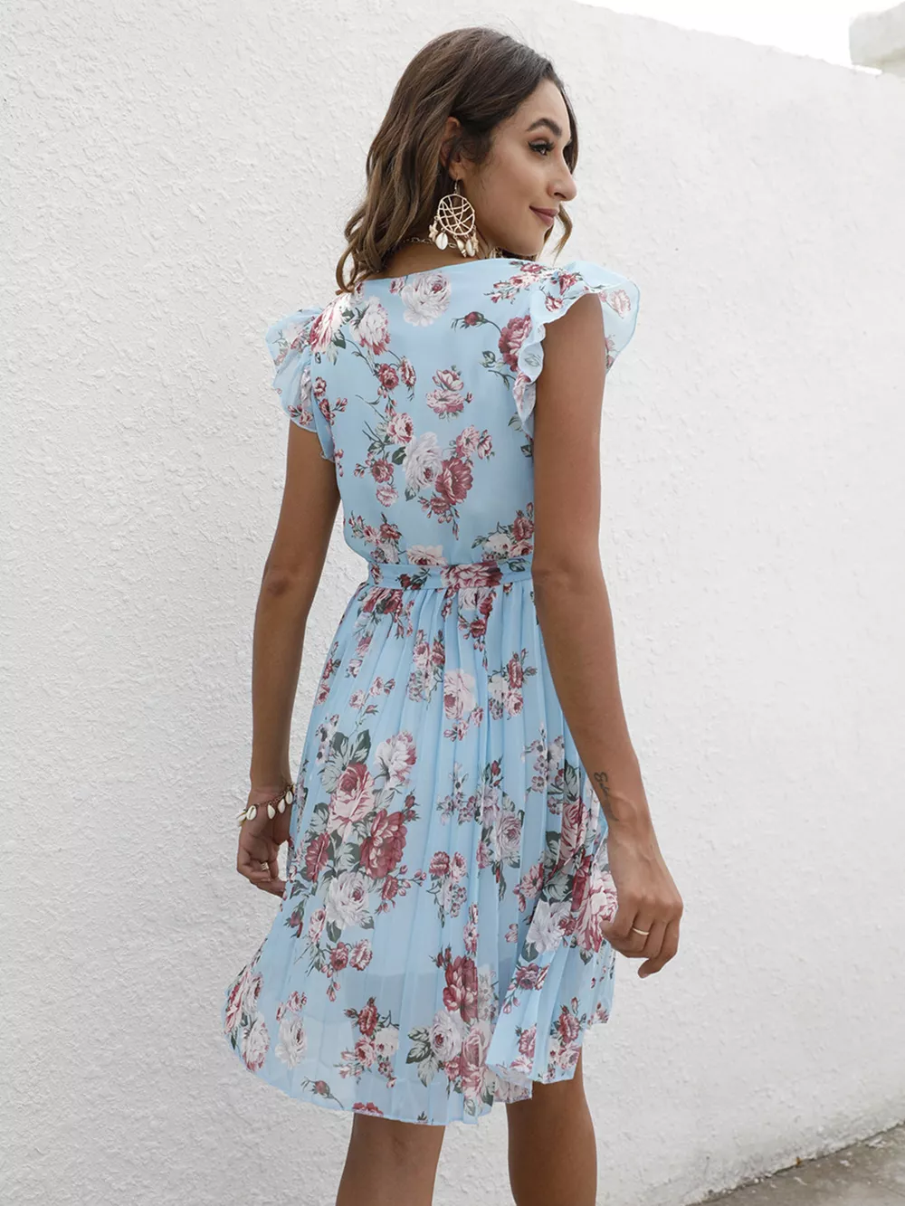 Pleated Floral Print Ruffle Sleeve Dress, image 15
