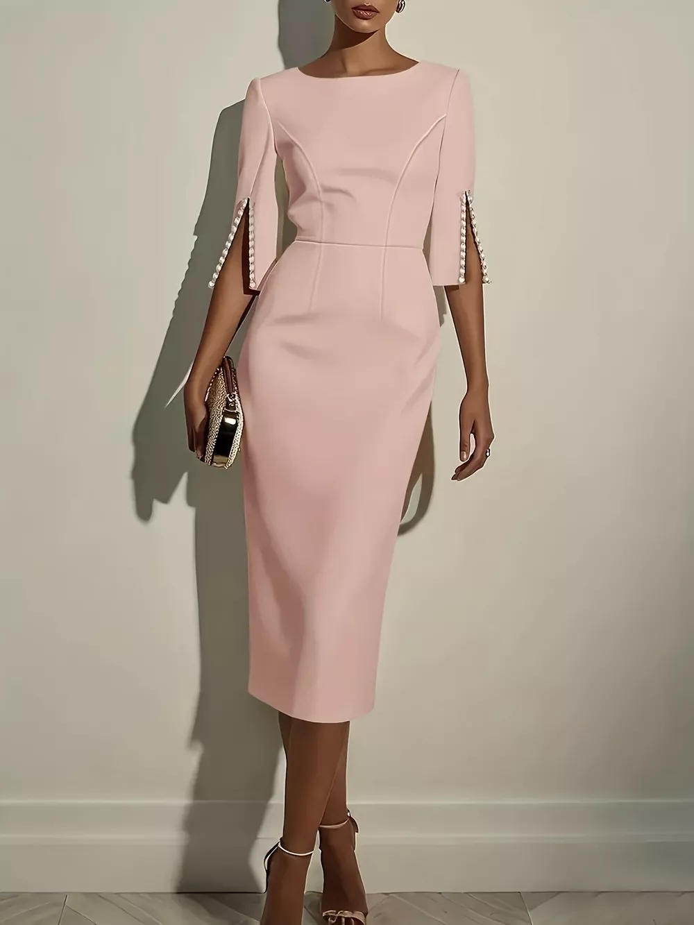 Slim-Fit Elegant Midi Dress with Beaded Slit Sleeve, image 8