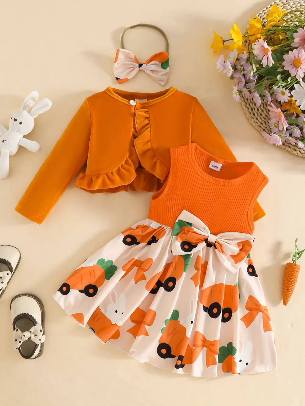 Children's Ruffled Cardigan and Bow Dress Set with Headband, image 2