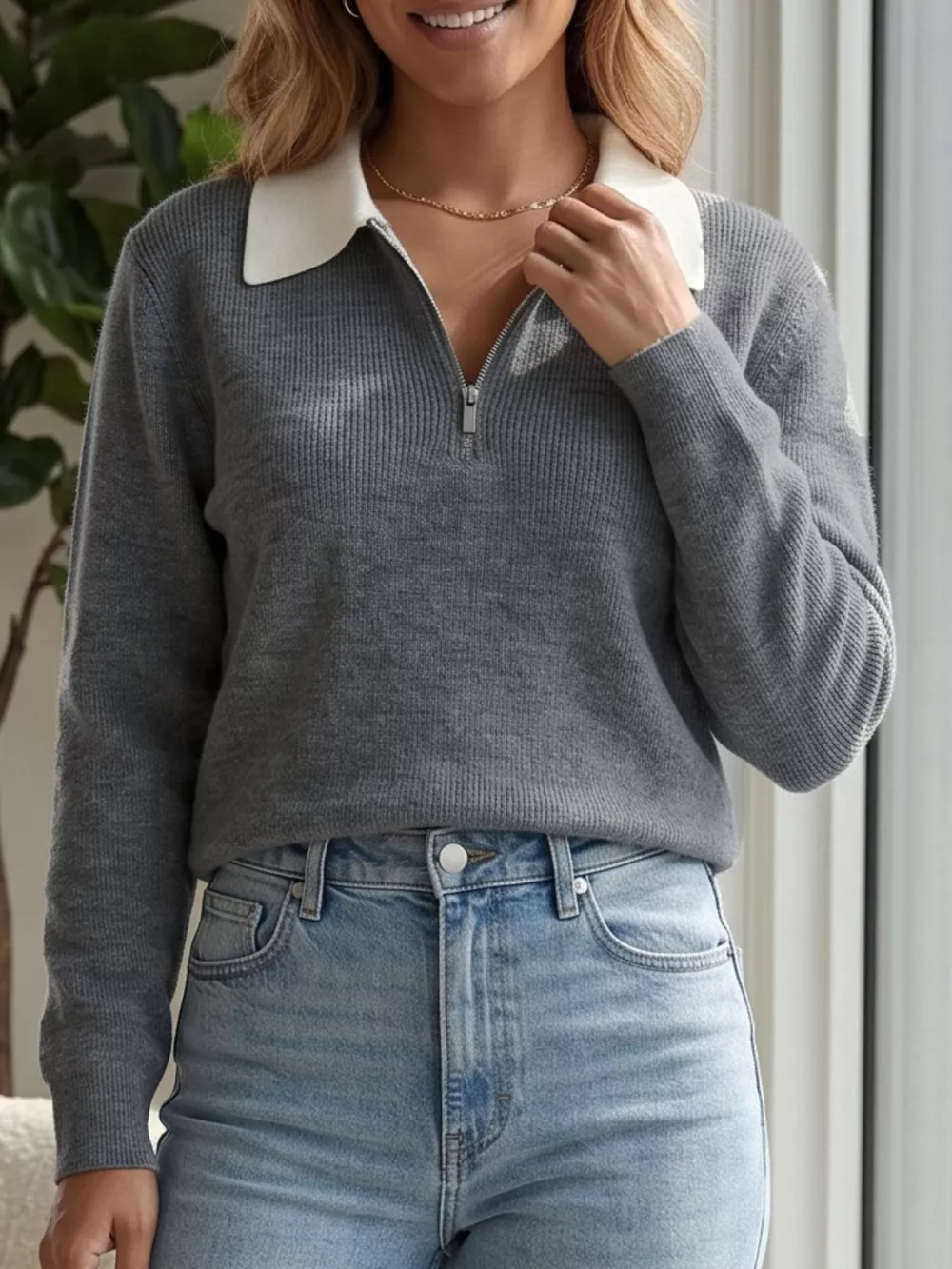 Contrast Collar Quarter Zip Sweater, image 4