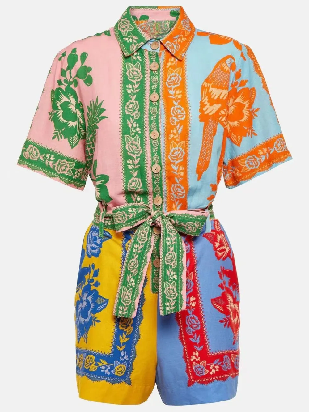 Printed Short Sleeve Tie Waist Romper, image 3