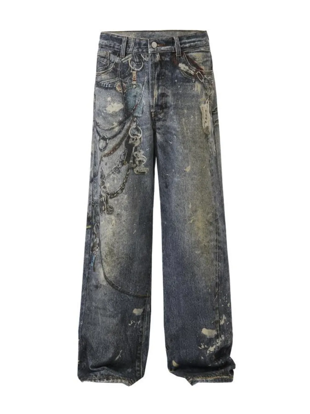 Men's Distressed Printed Wide Leg Jeans