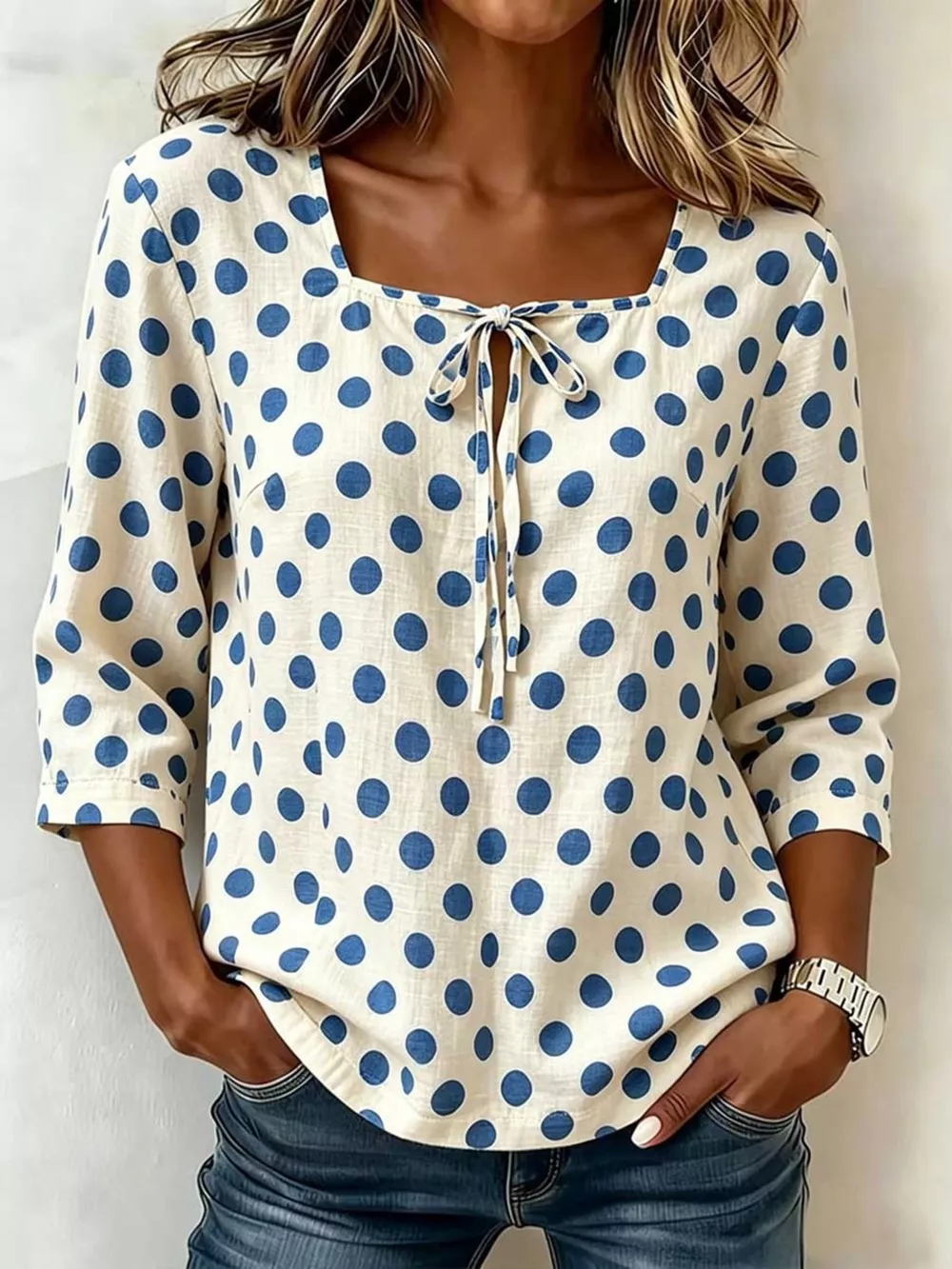 Full Size Square Neck Polka Dot Blouse Plus Size, image 3