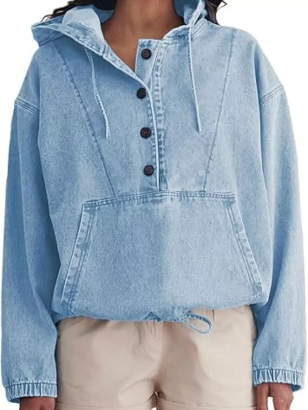 Casual Hooded Kangaroo Pocket Denim Jacket, image 7