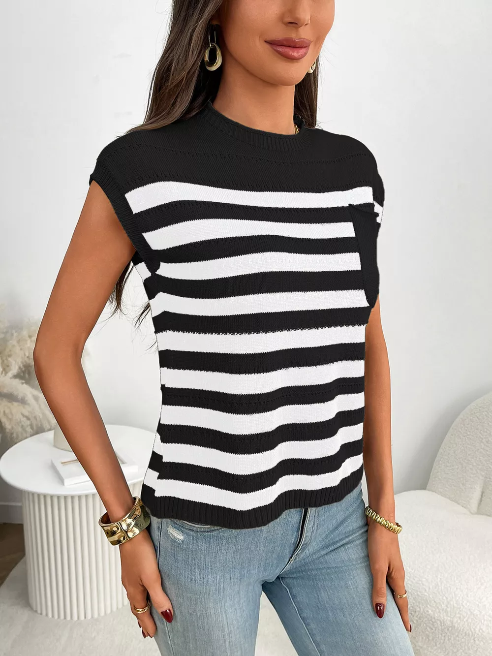 Striped Knit Pocket Detail Cap Sleeve Sweater