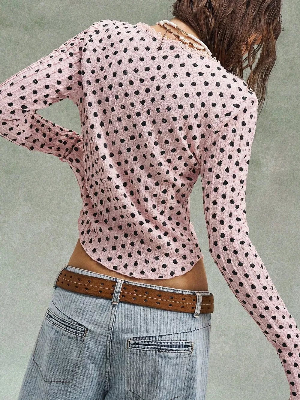 Polka Dot Button Down Textured Long Sleeve Blouse, image 14