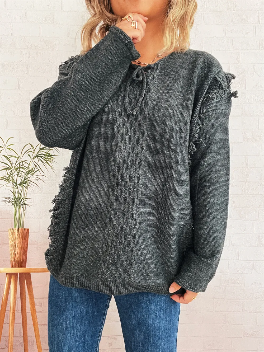 Raw Hem Lace Up Front Sweater, image 10