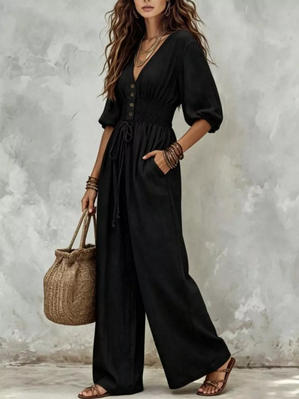 V-Neck Smocked Waist Wide-Leg Jumpsuit, image 11