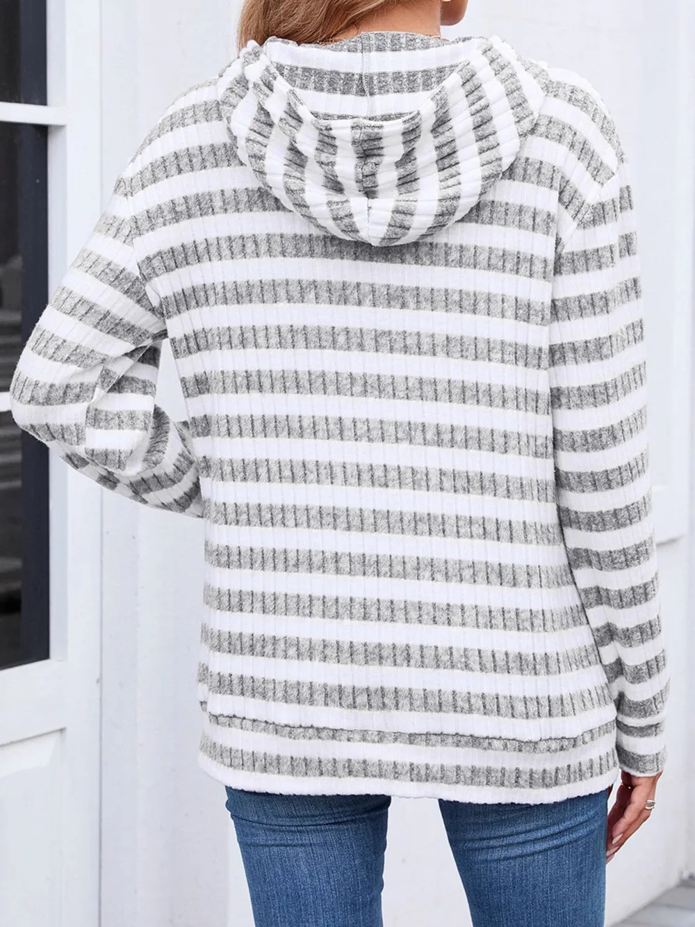 Striped Ribbed Knit Hoodie with Kangaroo Pocket, image 3