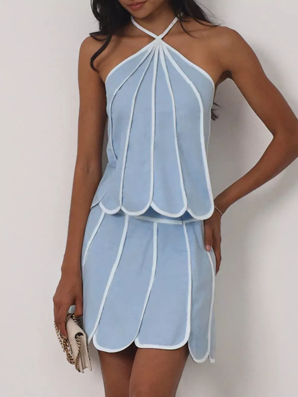 Contrast Trim Halter Neck Top and Skirt Set, image 2